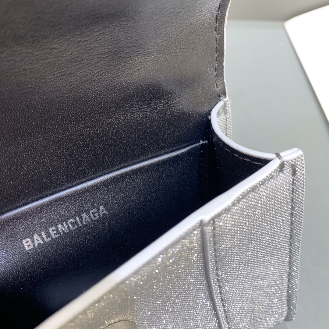 Balenciaga Hourglass Mini Handbag With Chain Calfskin Shoulder Bag Silver gray